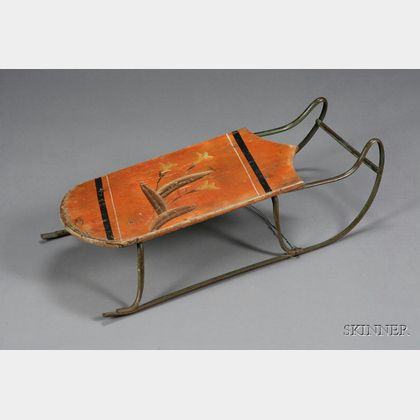 Child's Iron and Wood Paint Decorated Sled