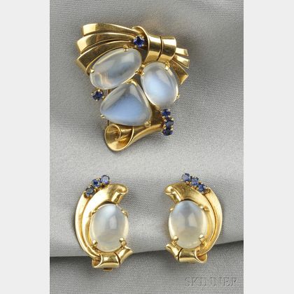 Retro 14kt Gold, Moonstone, and Sapphire Brooch and Earclips, Raymond Yard