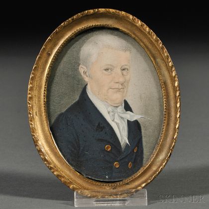 American School, 19th Century Portrait Miniature of a Gentleman Wearing a Blue Coat with Brass Buttons.