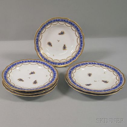 Set of Six French Gilt and Blue Floral-decorated Porcelain Plates