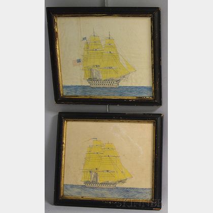 American School, 19th Century Two Portraits of Ships at Sea.