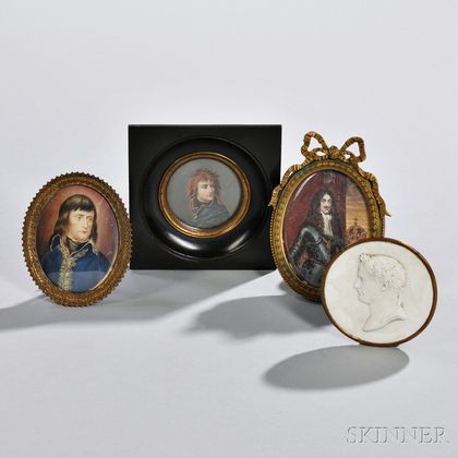 Three French Portrait Miniatures and a French Porcelain Plaque of Napoleon