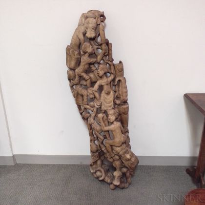 Contemporary Carved Wood Sculpture of a Figural Scene