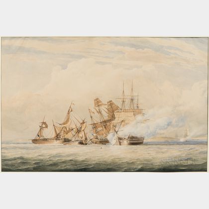 Anglo/American School, 19th Century Two Watercolors of Naval Battles