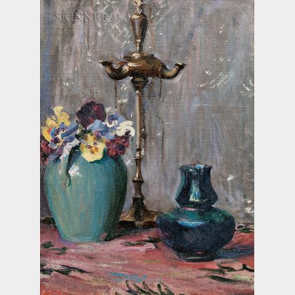 Mary Brewster Hazelton (American, 1868-1953) Still Life-Flowers and Lamp