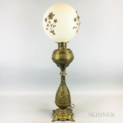 B & H Brass Banquet Lamp with Embellished Globe