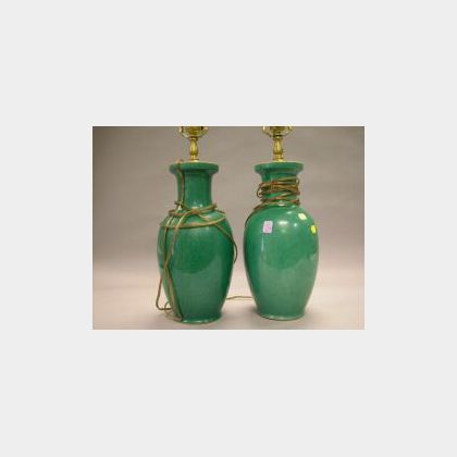 Pair of Chinese Green Crackle Glazed Ceramic Table Lamps. 