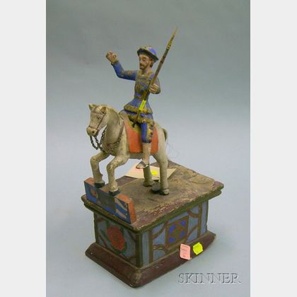 Wooden Santos Figure On Horseback On Painted Stand