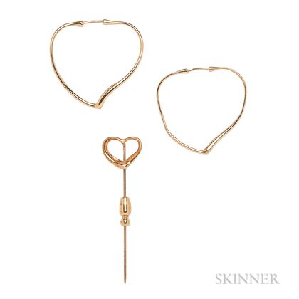 18kt Gold Heart Earrings and Stickpin, Elsa Peretti, Tiffany & Co.