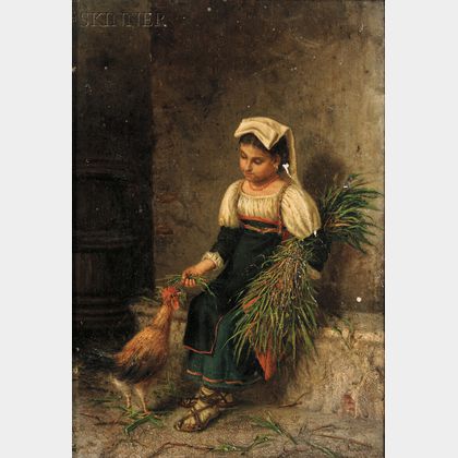 Gaetano Mormile (Italian, 1839-1890) Portrait of a Woman Feeding a Rooster