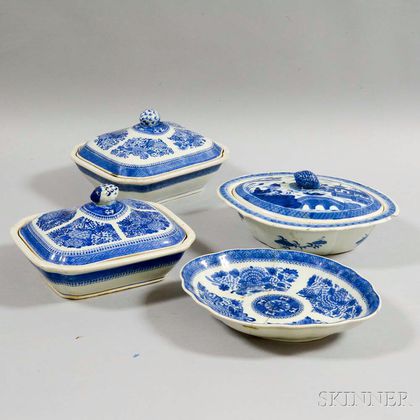 Two Export Porcelain Fitzhugh Covered Vegetable Dishes and Two Canton Items