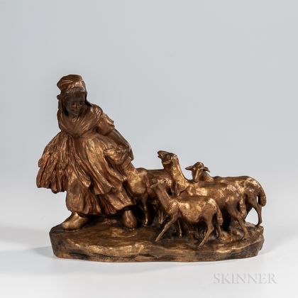 Joseph D'Aste (Italian, 1881-1945) Gilt-bronze Shepherdess with Flock of Spring Lambs