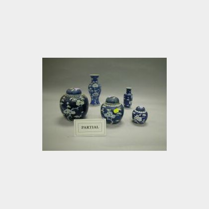 Eleven Hawthorne Pattern Blue and White Porcelain Jars and Vases. 