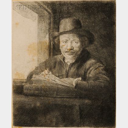 Rembrandt Harmensz van Rijn (Dutch, 1606-1669) Self Portrait Drawing at a Window
