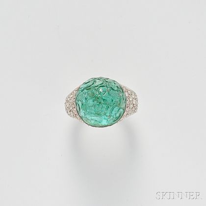 Art Deco Platinum, Carved Emerald, and Diamond Ring