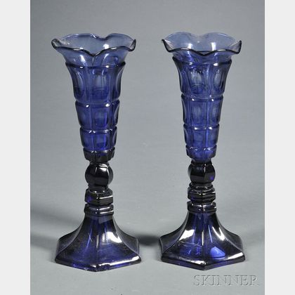 Pair of Sandwich Pressed Four-Printie Block Pattern Glass Vases
