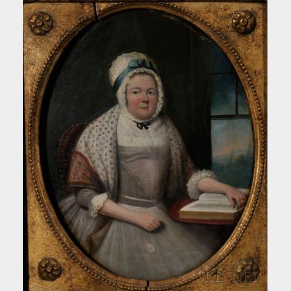 Anglo/American School, 18th/19th Century Portrait of a Seated Woman in a Ruffled Bonnet