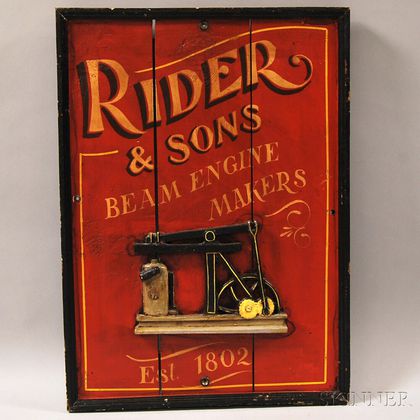 Painted Cast Iron-mounted Wood "Rider & Sons, Beam Engine Makers, Est. 1802" Advertising-style Sign