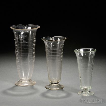 Assembled Set of Three Graduated Blown Etched Colorless Glass Apothecary Measures