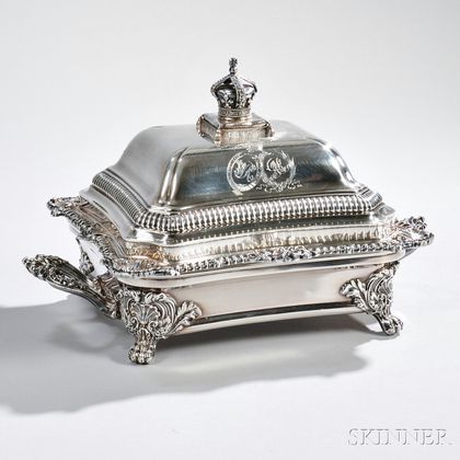 William IV Sterling Silver Entree Dish, Cover, and Associated Silver-Plate Stand