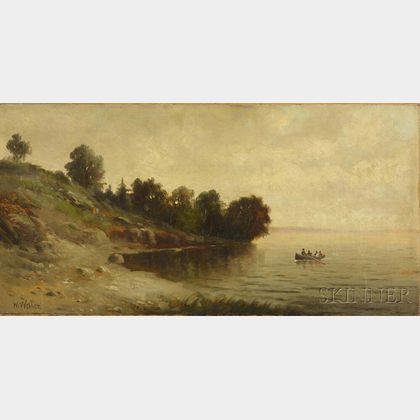 Wesley Elbridge Webber (American, 1841-1914) Lake Shore with Canoe