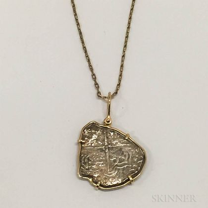 18kt Gold-mounted Silver Doubloon Pendant and 18kt Gold Chain