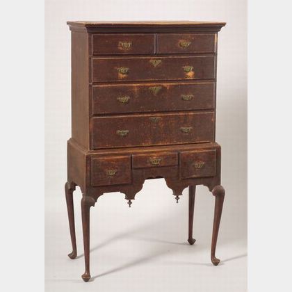 Queen Anne Tiger Maple Spanish Brown-painted High Chest of Drawers