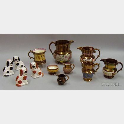 Eight Pieces of Copper-Lustre and Two Pairs of Staffordshire-type Dogs