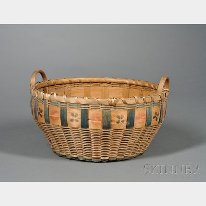 Native American Woven Splint Basket with Vegetable Stamp Floral Decoration