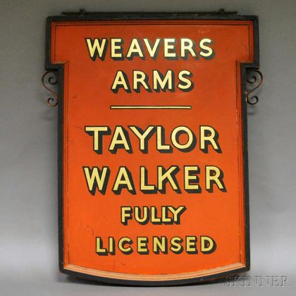 Iron-mounted Painted Wood and Masonite "Weaver Arms, Taylor Walker Fully Licensed" Double-sided Hanging Advertising Sign