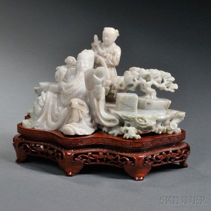 Jade Figural Group on Wood Stand
