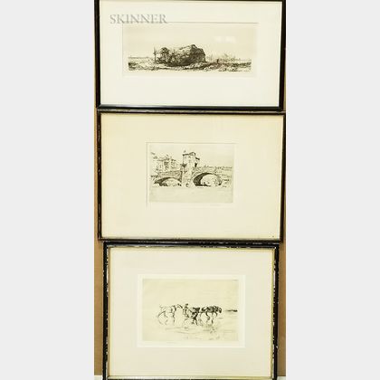 Two Framed Edmund Blampied Etchings and a 20th Century Rembrandt Etching. Estimate $100-150