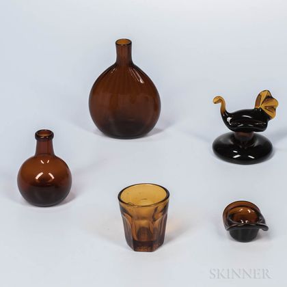 Five Amber Glass Items