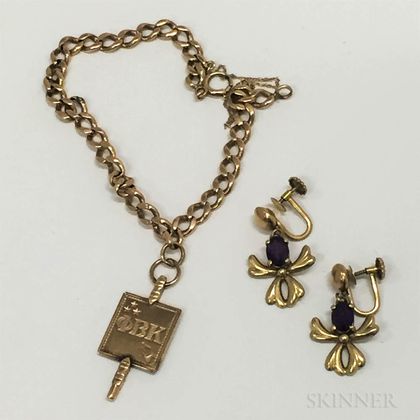 14kt Gold Charm Bracelet with Fraternal Charm and a Pair of 14kt Gold and Amethyst Earclips
