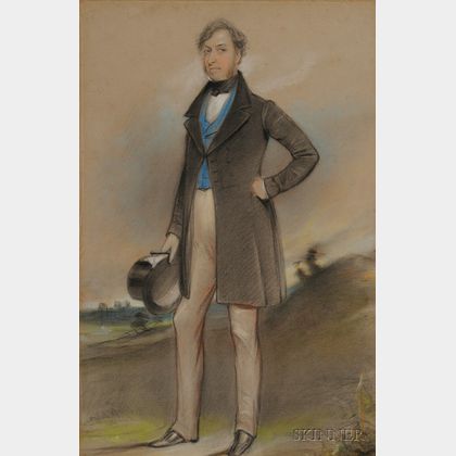 Two Portraits: British School, 19th Century, Portrait of a Gentleman with Top Hat Standing in a Landscape