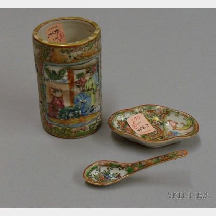 Chinese Export Porcelain Rose Medallion Miniature Spoon, a Shaped Dish, and a Small Brush Pot. Estimate $100-160