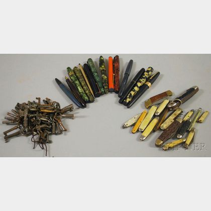 Fourteen Vintage Fountain Pens, Fifteen Vintage Pocket and Penknives, and an Assortment of Metal Keys. 
