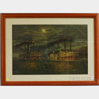 Donaldson Art Sign Co., publisher (Cincinnati, Late 19th/Early 20th Century) Night-time Race Between Paddlewheelers Natchez and the Ro