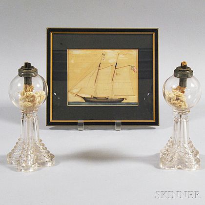 Pair of Sandwich Colorless Lamps and a Framed Watercolor of the Schooner Gerdes 