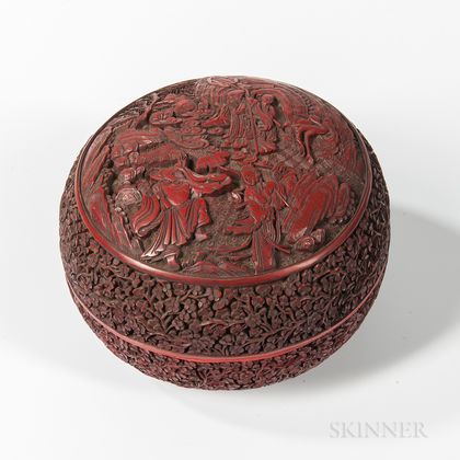 Carved Dark Red Cinnabar Lacquered Double-sided Box and Cover
