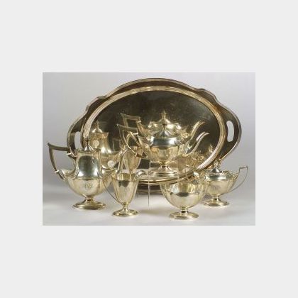 Gorham Sterling &#34;Plymouth&#34; Pattern Five Piece Tea and Coffee Service with Silver Pla te Tray