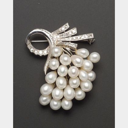 14kt White Gold, Diamond, and Cultured Pearl Grapes Spray Brooch. 