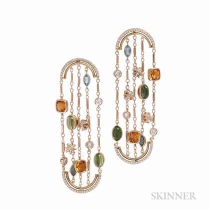 18kt Gold, Diamond, and Gem-set Sautoir Arched Earrings, Alexandra Mor