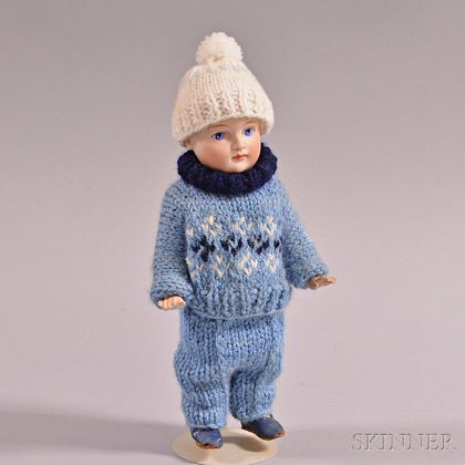 Small All Bisque Boy Doll in Knit Wool Clothing