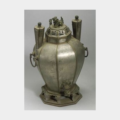 Chinese Brass Mounted Pewter Wine Warmer. 
