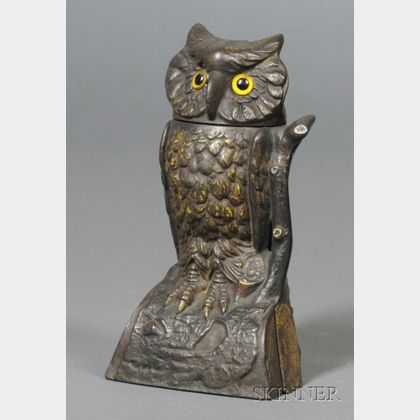 Painted Cast Iron Mechanical Owl Bank