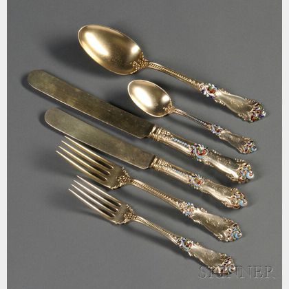 Reed & Barton La Marquise Pattern Gold-washed and Polychrome-enameled Sterling Silver Flatware Service