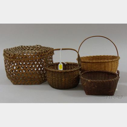 Three Small Woven Splint Open Baskets with Handles and a Hexagonal Herb Drying Basket with Cover. 