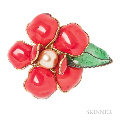 Vintage Enamel and Glass Flower Brooch Attributed to Maison Gripoix