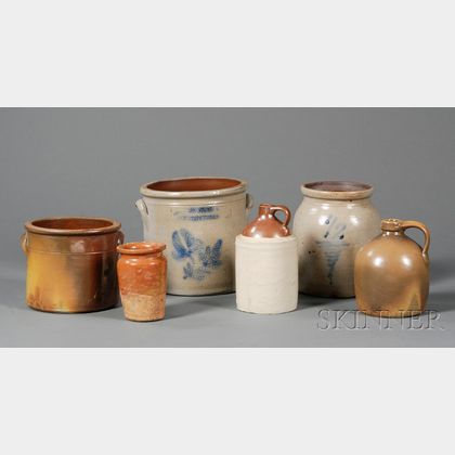 Six Assorted Redware and Stoneware Pottery Items